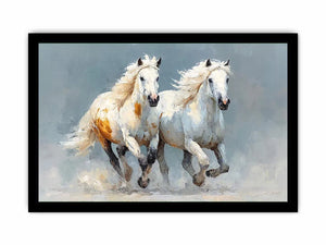 Two running white horses canvas art with textured neutral style for living room decor.