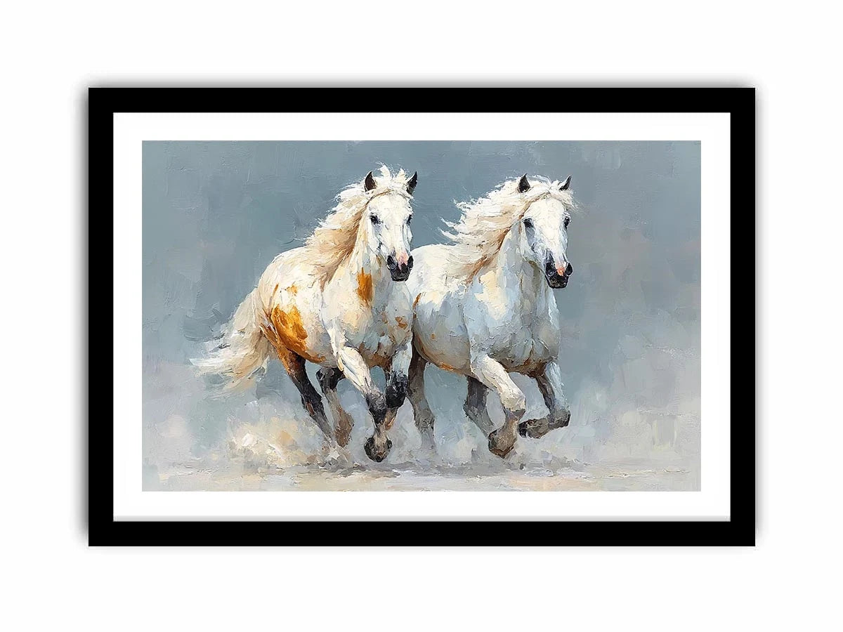 Two running white horses canvas art with textured neutral style for living room decor.