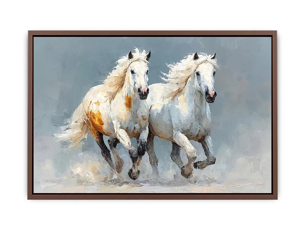 Two running white horses canvas art with textured neutral style for living room decor.