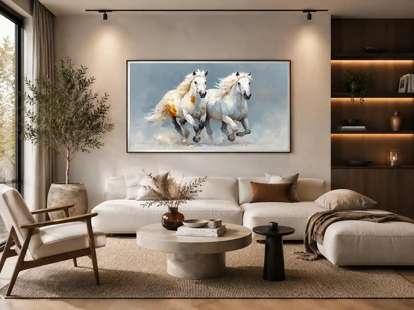 Two running white horses canvas art with textured neutral style for living room decor.