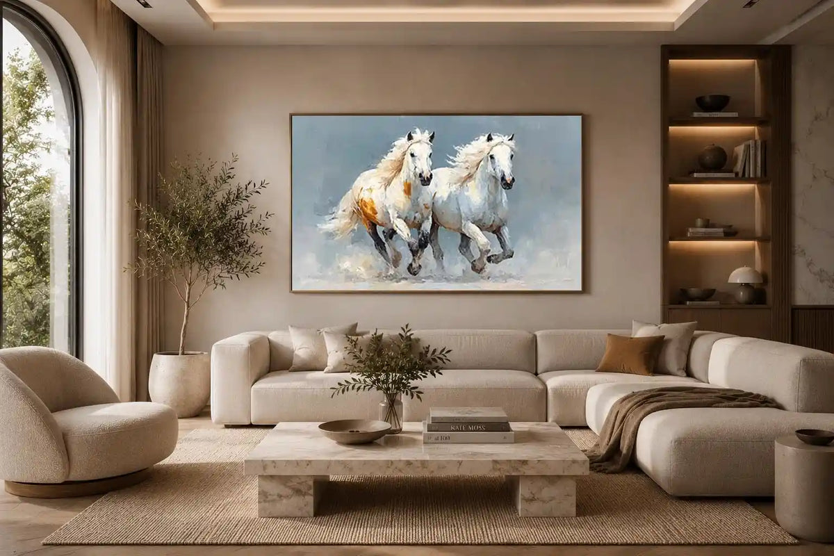 Two running white horses canvas art with textured neutral style for living room decor.