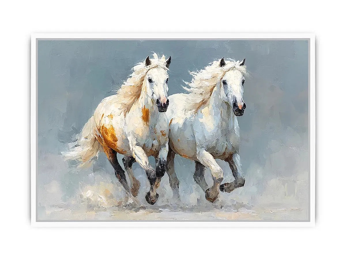Two running white horses canvas art with textured neutral style for living room decor.