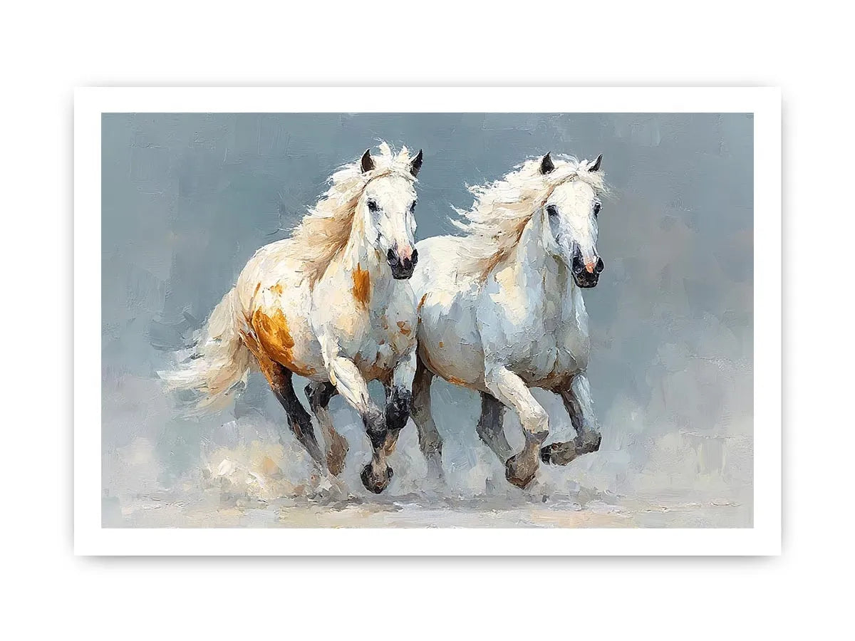 Two running white horses canvas art with textured neutral style for living room decor.