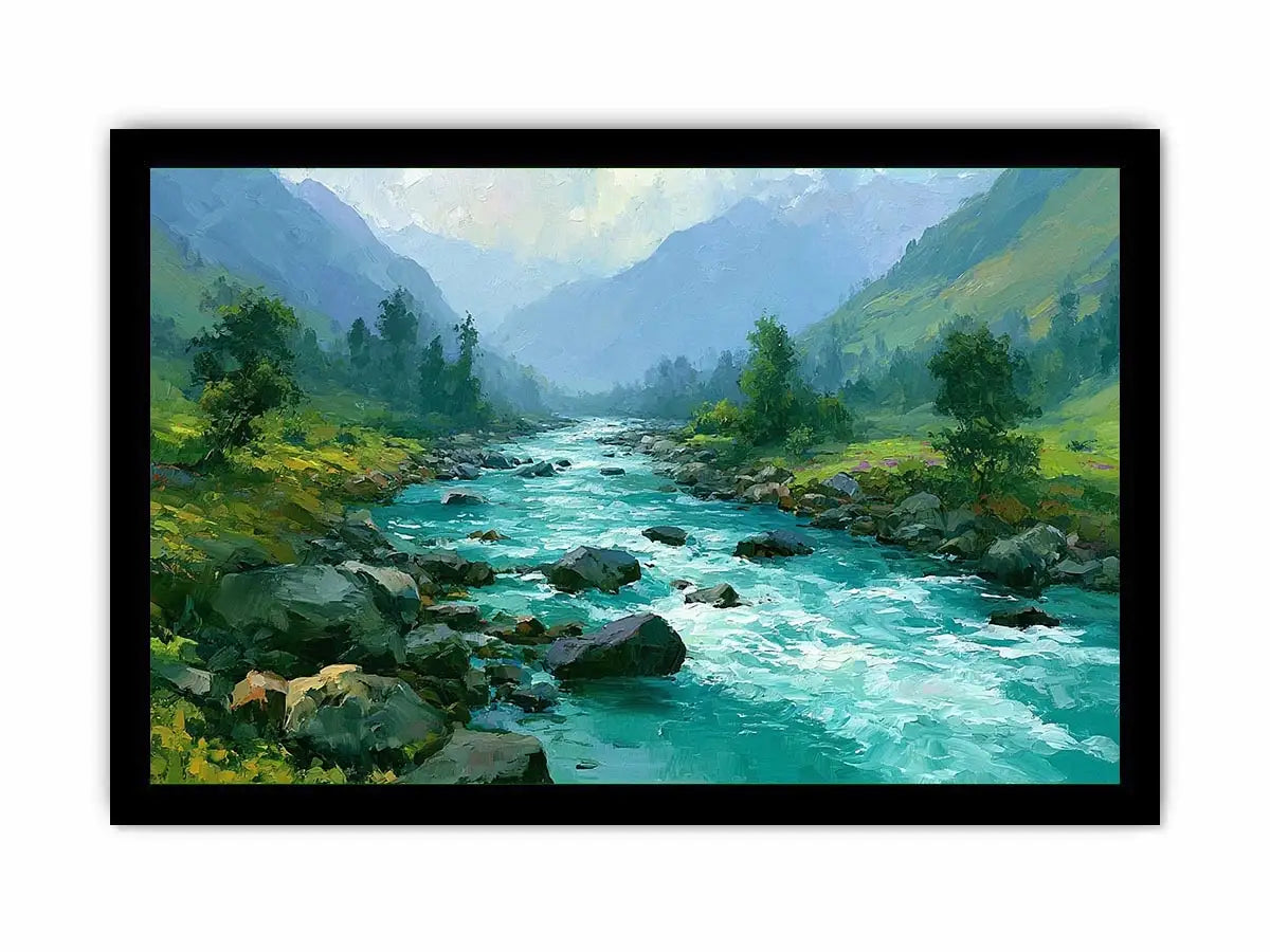 Mountain river canvas art with turquoise water and green valley for modern living room decor.