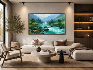 Mountain river canvas art with turquoise water and green valley for modern living room decor.