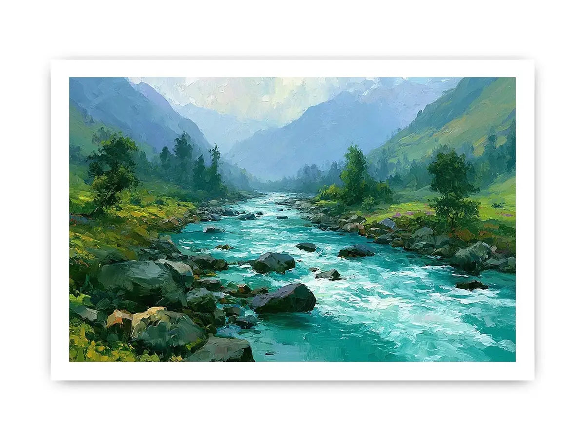 Mountain river canvas art with turquoise water and green valley for modern living room decor.