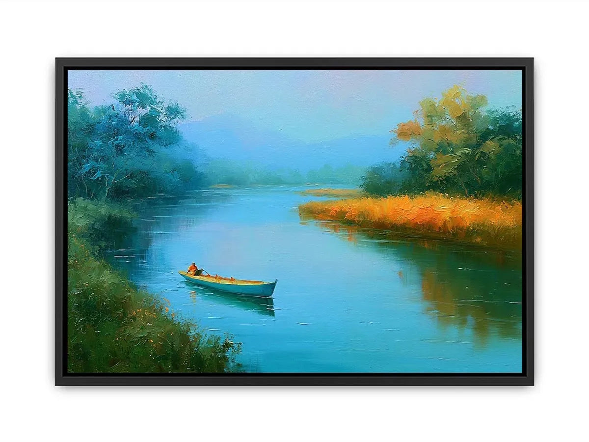 Calm river boat canvas art with trees and reflections for peaceful bedroom decor.