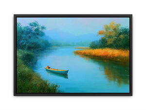 Calm river boat canvas art with trees and reflections for peaceful bedroom decor.