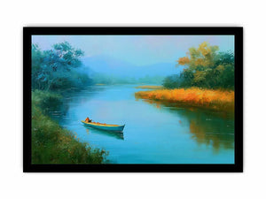 Calm river boat canvas art with trees and reflections for peaceful bedroom decor.