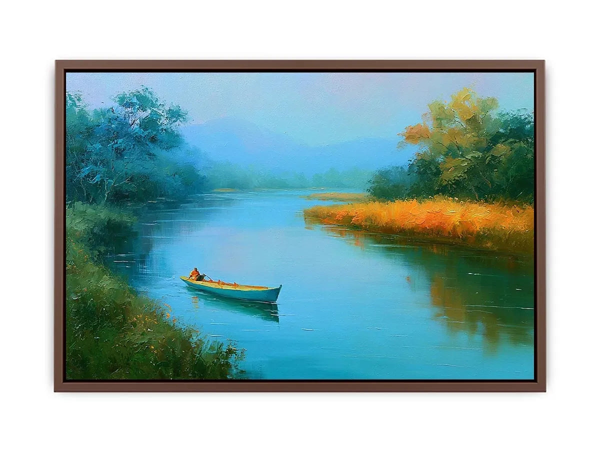 Calm river boat canvas art with trees and reflections for peaceful bedroom decor.