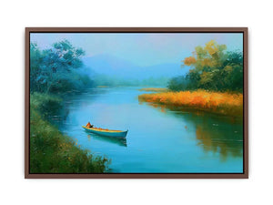Calm river boat canvas art with trees and reflections for peaceful bedroom decor.