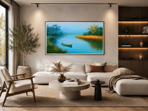 Calm river boat canvas art with trees and reflections for peaceful bedroom decor.