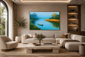 Calm river boat canvas art with trees and reflections for peaceful bedroom decor.