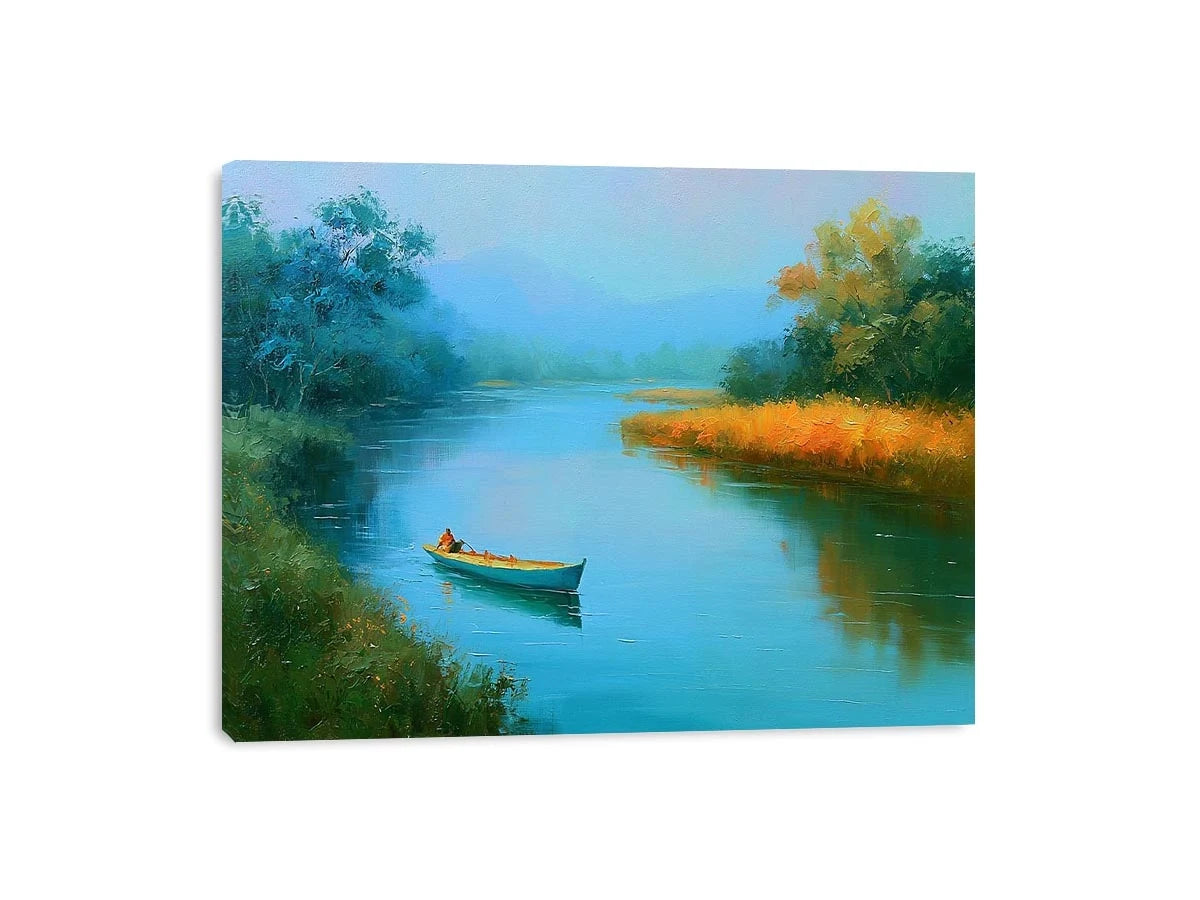 Calm river boat canvas art with trees and reflections for peaceful bedroom decor.