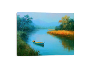 Calm river boat canvas art with trees and reflections for peaceful bedroom decor.