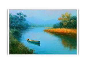 Calm river boat canvas art with trees and reflections for peaceful bedroom decor.