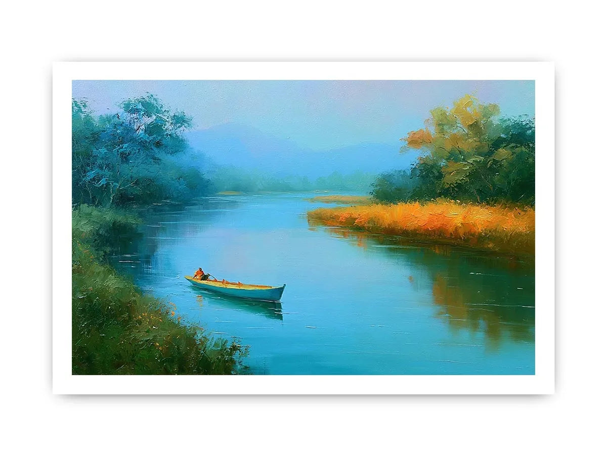Calm river boat canvas art with trees and reflections for peaceful bedroom decor.