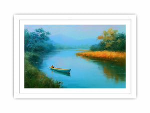 Calm river boat canvas art with trees and reflections for peaceful bedroom decor.