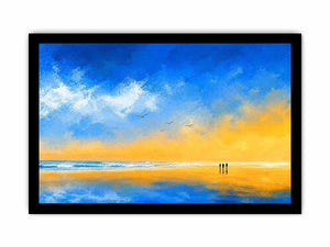 abstract beach canvas art with blue sky and golden sand for coastal living room decor.