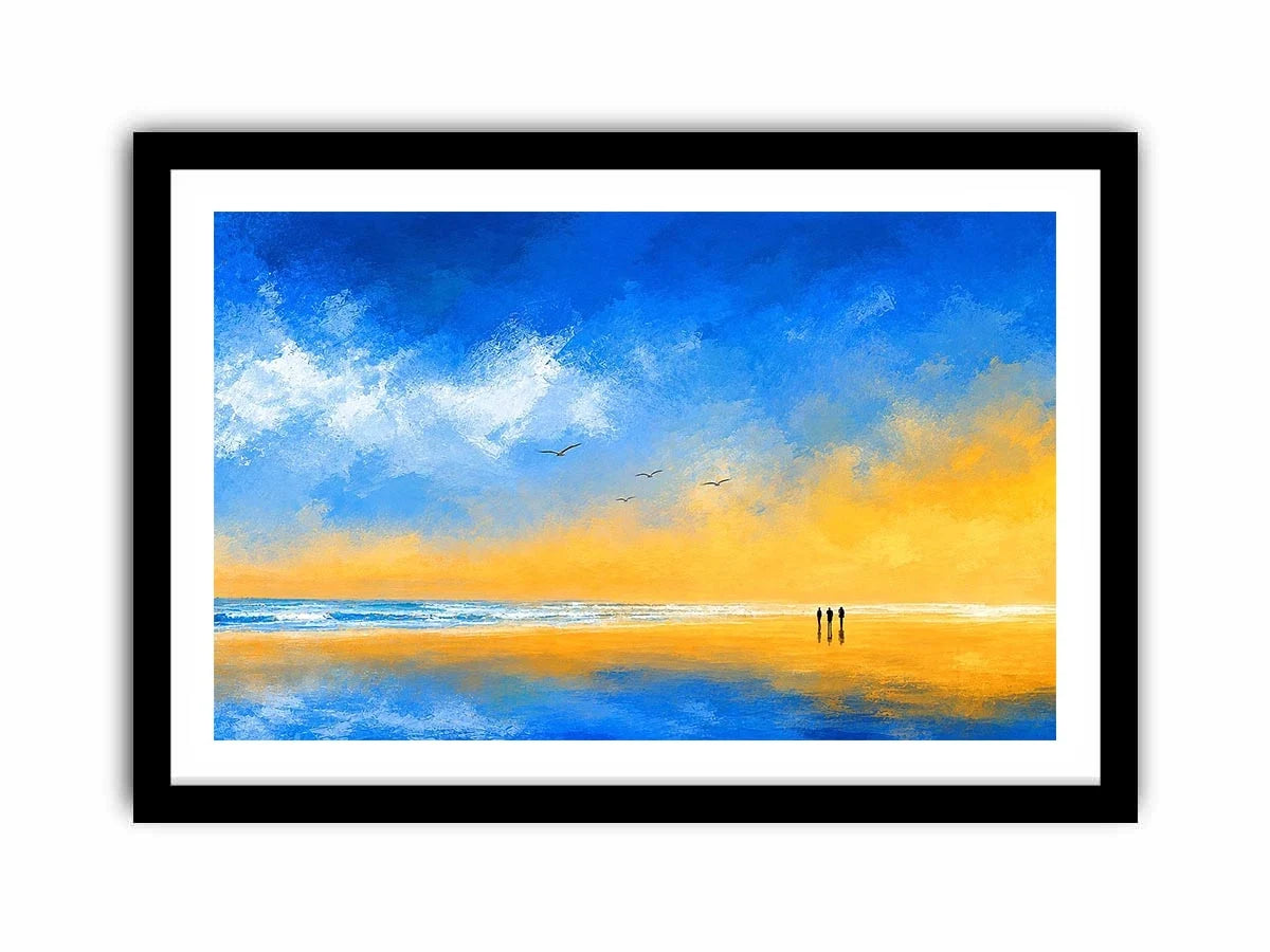 abstract beach canvas art with blue sky and golden sand for coastal living room decor.