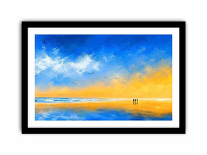 abstract beach canvas art with blue sky and golden sand for coastal living room decor.