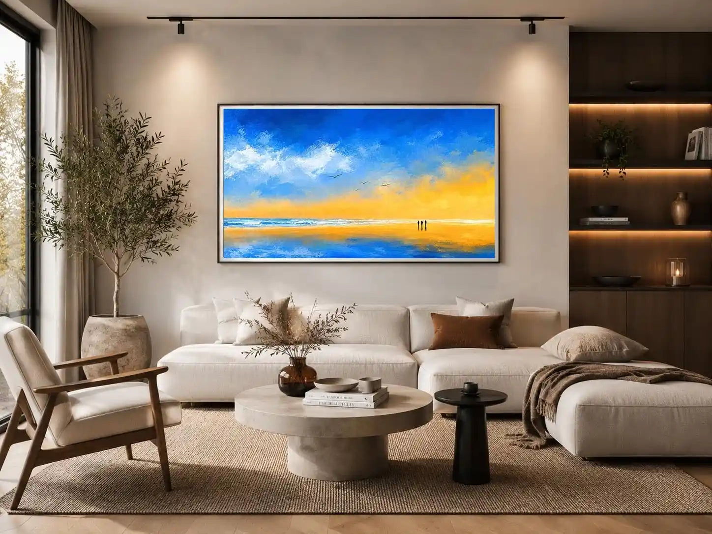 abstract beach canvas art with blue sky and golden sand for coastal living room decor.
