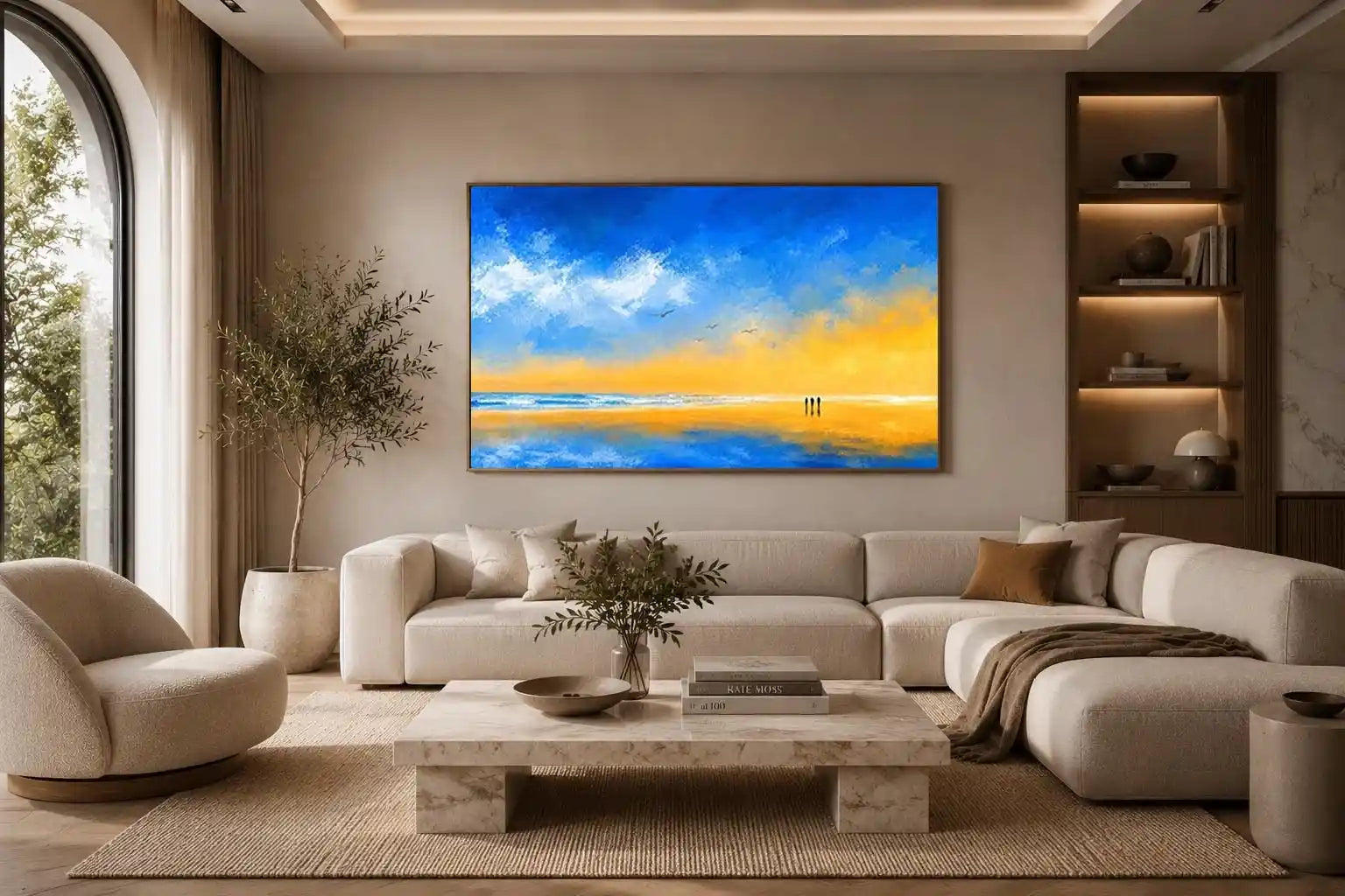 abstract beach canvas art with blue sky and golden sand for coastal living room decor.