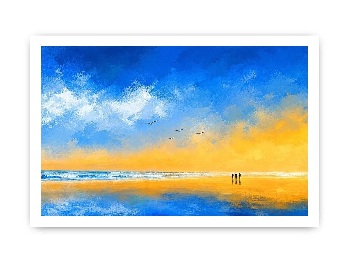 abstract beach canvas art with blue sky and golden sand for coastal living room decor.