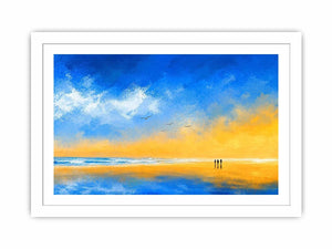 abstract beach canvas art with blue sky and golden sand for coastal living room decor.