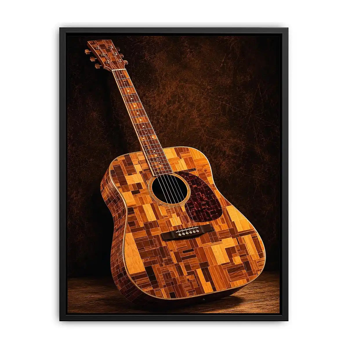 Acoustic guitar canvas art with warm wood texture for music room or office decor.