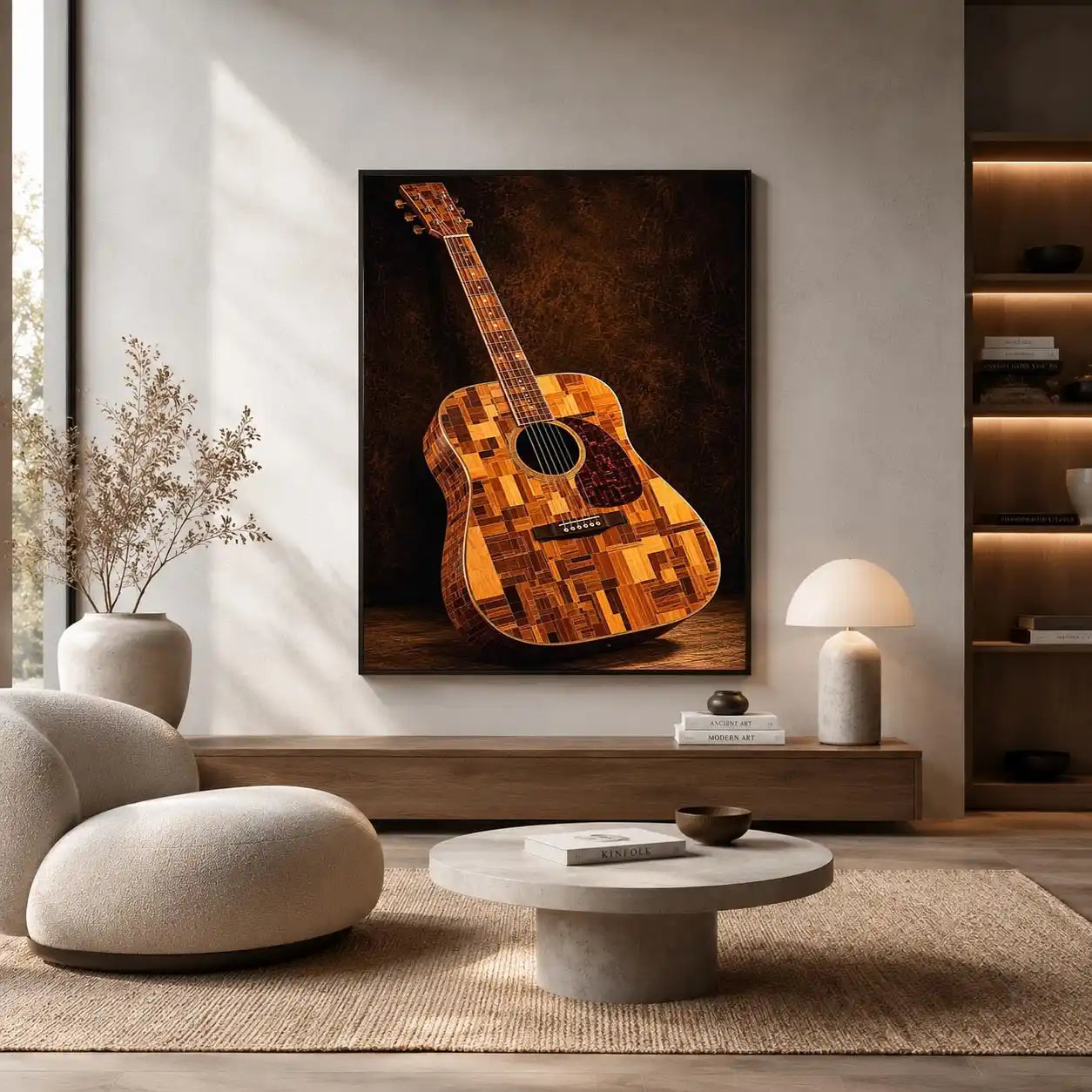 Acoustic guitar canvas art with warm wood texture for music room or office decor.