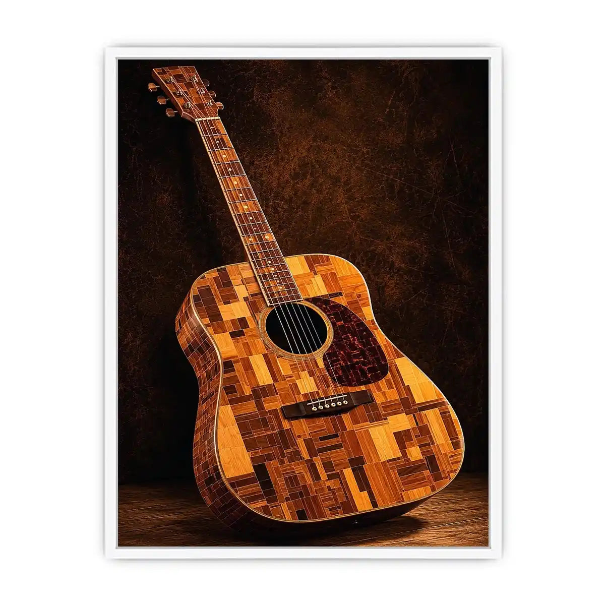 Acoustic guitar canvas art with warm wood texture for music room or office decor.