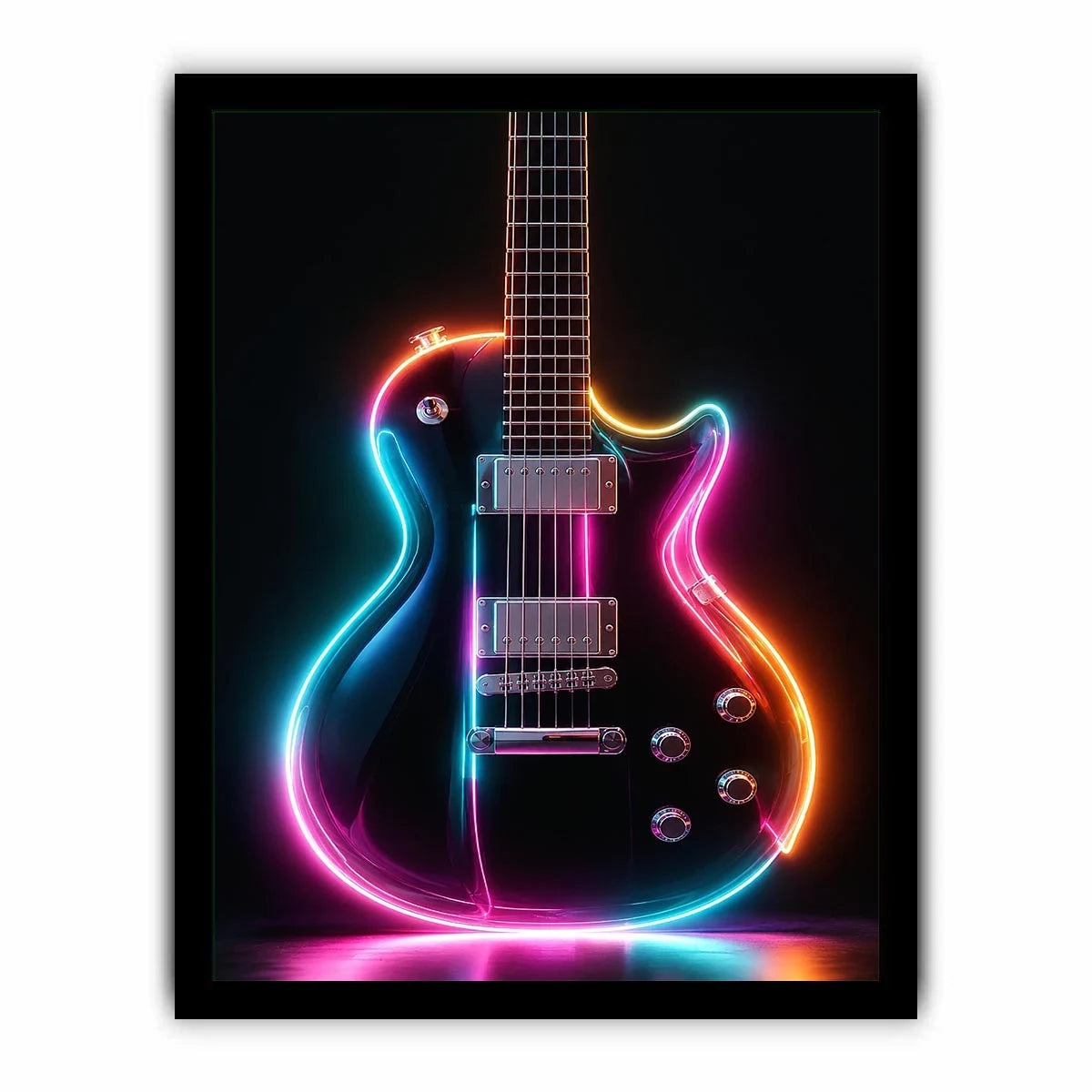 Neon electric guitar canvas art with colorful lights for modern music room decor.