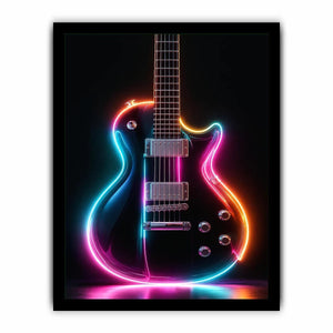 Neon electric guitar canvas art with colorful lights for modern music room decor.