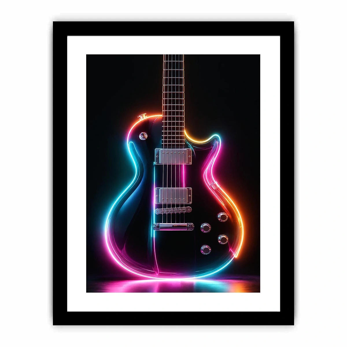 Neon electric guitar canvas art with colorful lights for modern music room decor.