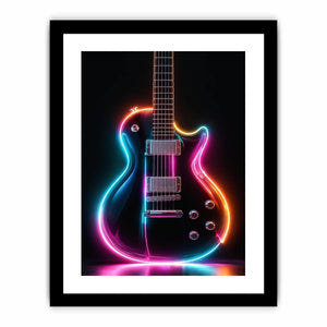 Neon electric guitar canvas art with colorful lights for modern music room decor.