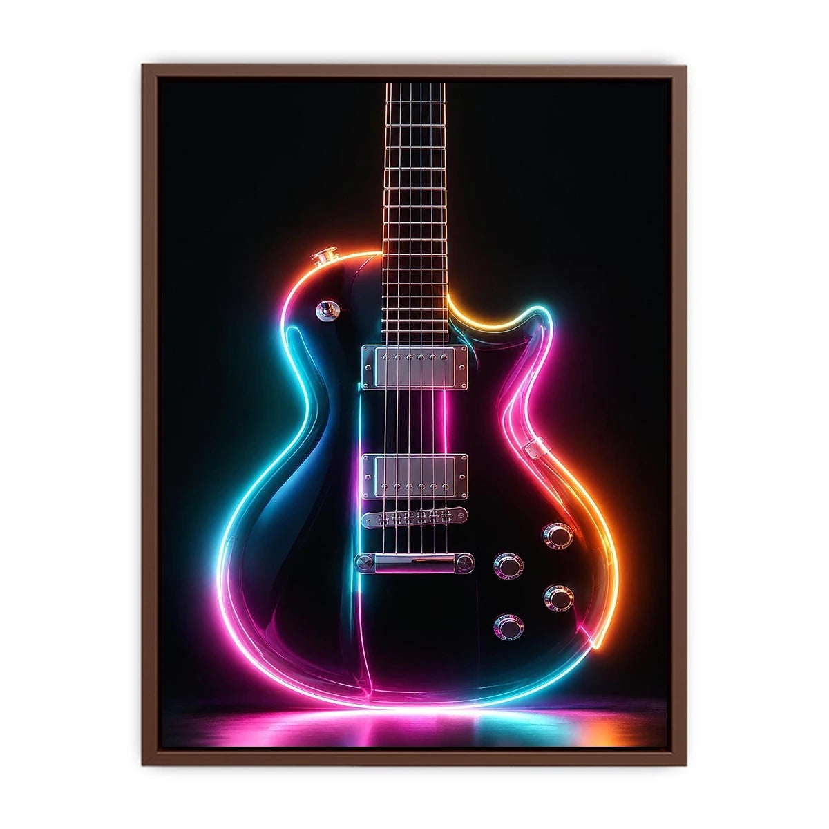 Neon electric guitar canvas art with colorful lights for modern music room decor.