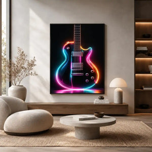 Neon electric guitar canvas art with colorful lights for modern music room decor.