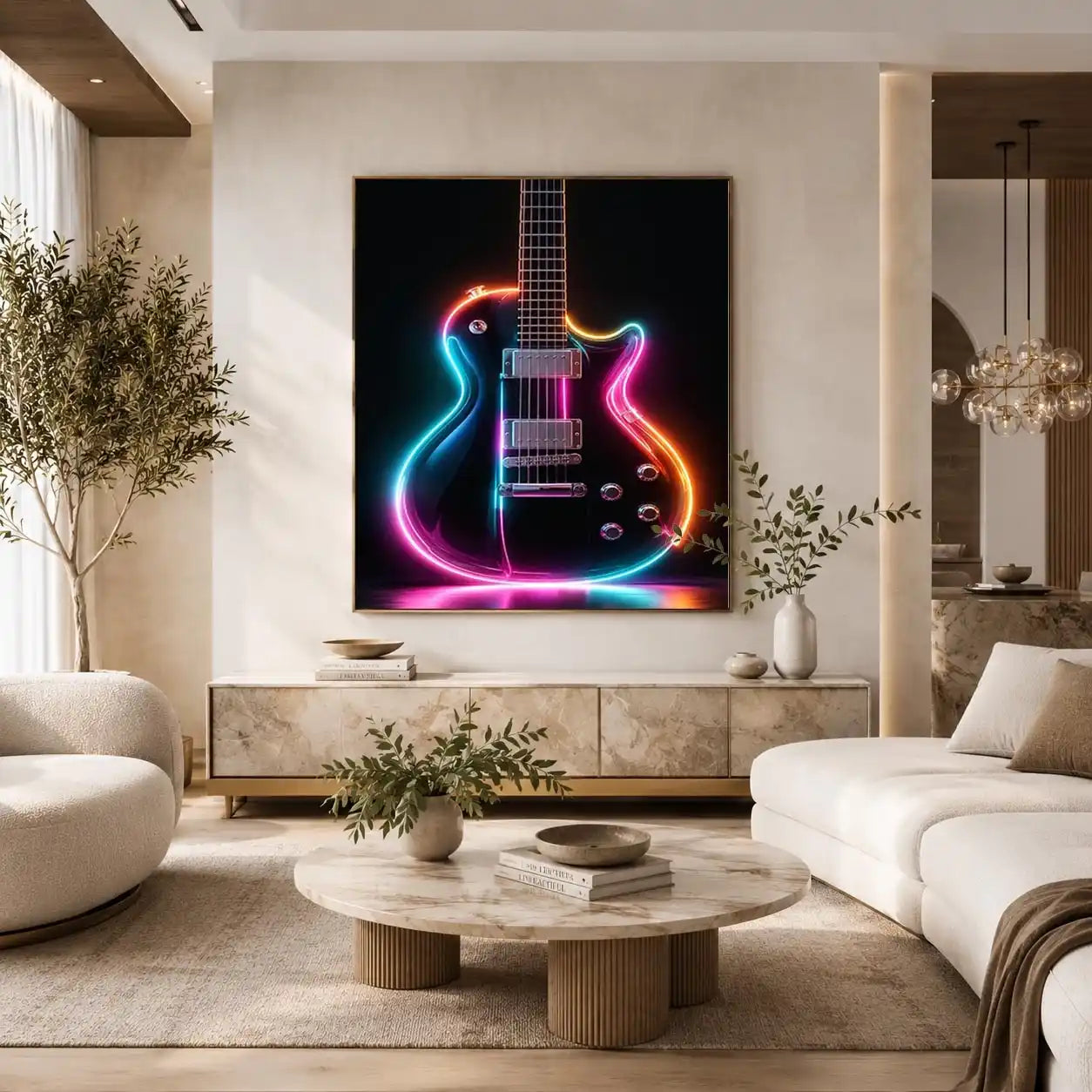 Neon electric guitar canvas art with colorful lights for modern music room decor.