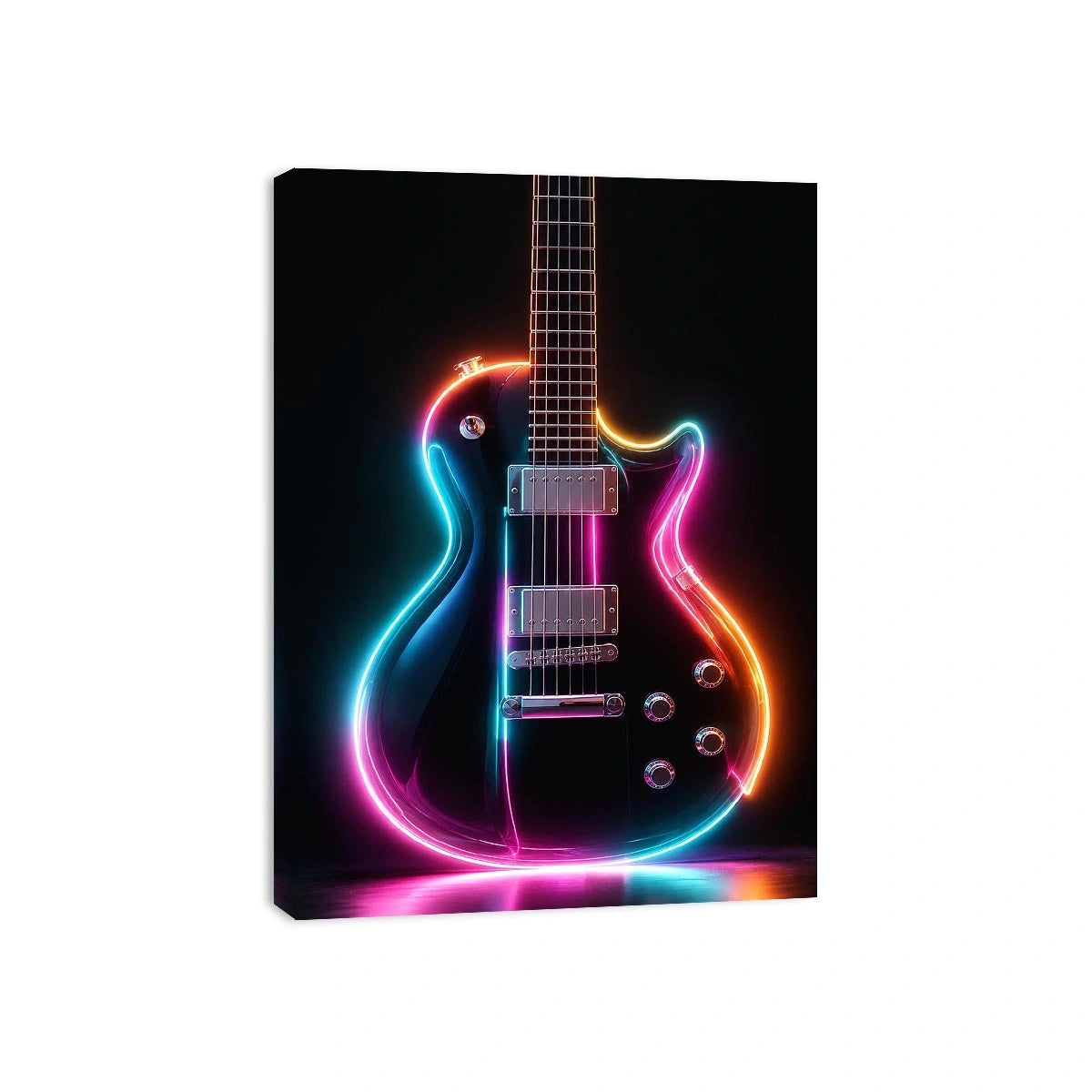 Neon electric guitar canvas art with colorful lights for modern music room decor.