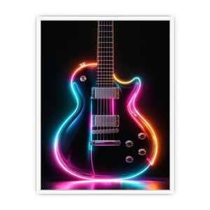 Neon electric guitar canvas art with colorful lights for modern music room decor.
