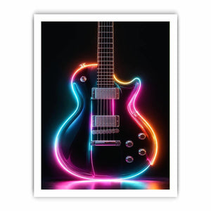 Neon electric guitar canvas art with colorful lights for modern music room decor.