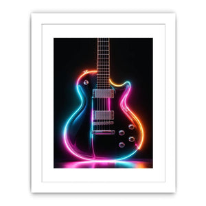 Neon electric guitar canvas art with colorful lights for modern music room decor.