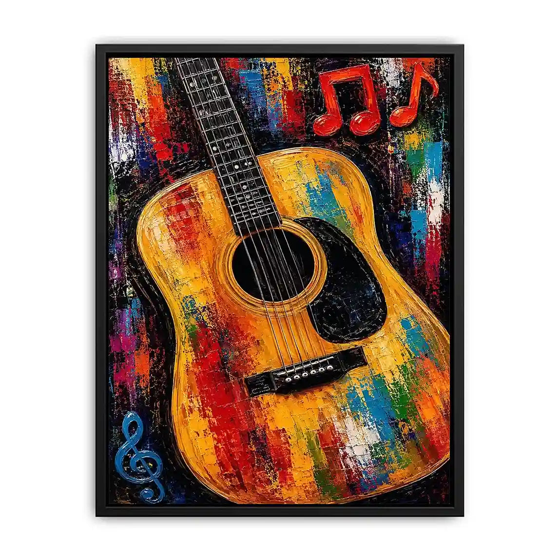 Colorful acoustic guitar canvas art with music notes for bold studio or home bar decor.