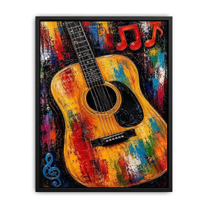 Colorful acoustic guitar canvas art with music notes for bold studio or home bar decor.