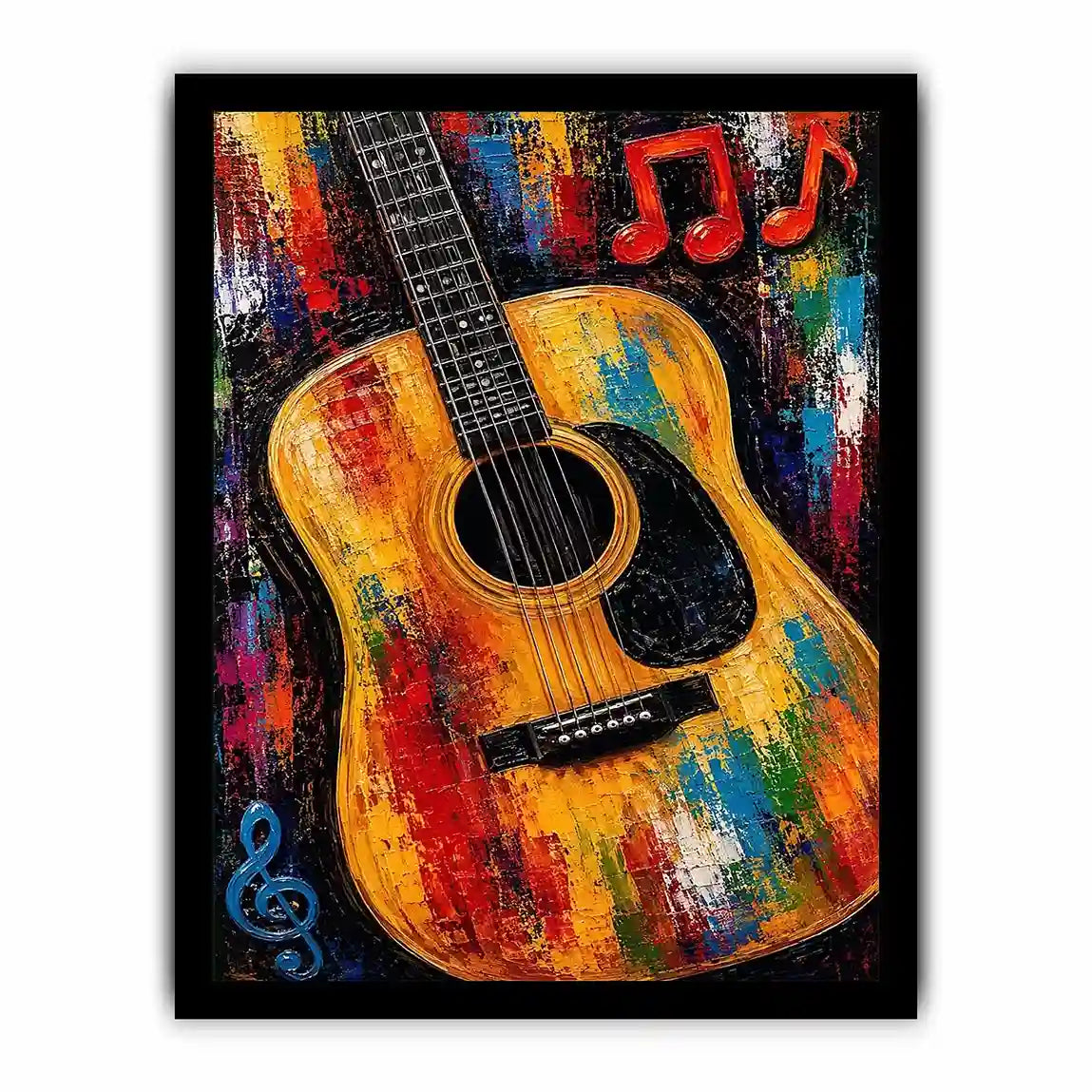 Colorful acoustic guitar canvas art with music notes for bold studio or home bar decor.