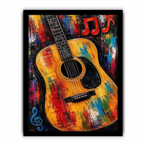 Colorful acoustic guitar canvas art with music notes for bold studio or home bar decor.