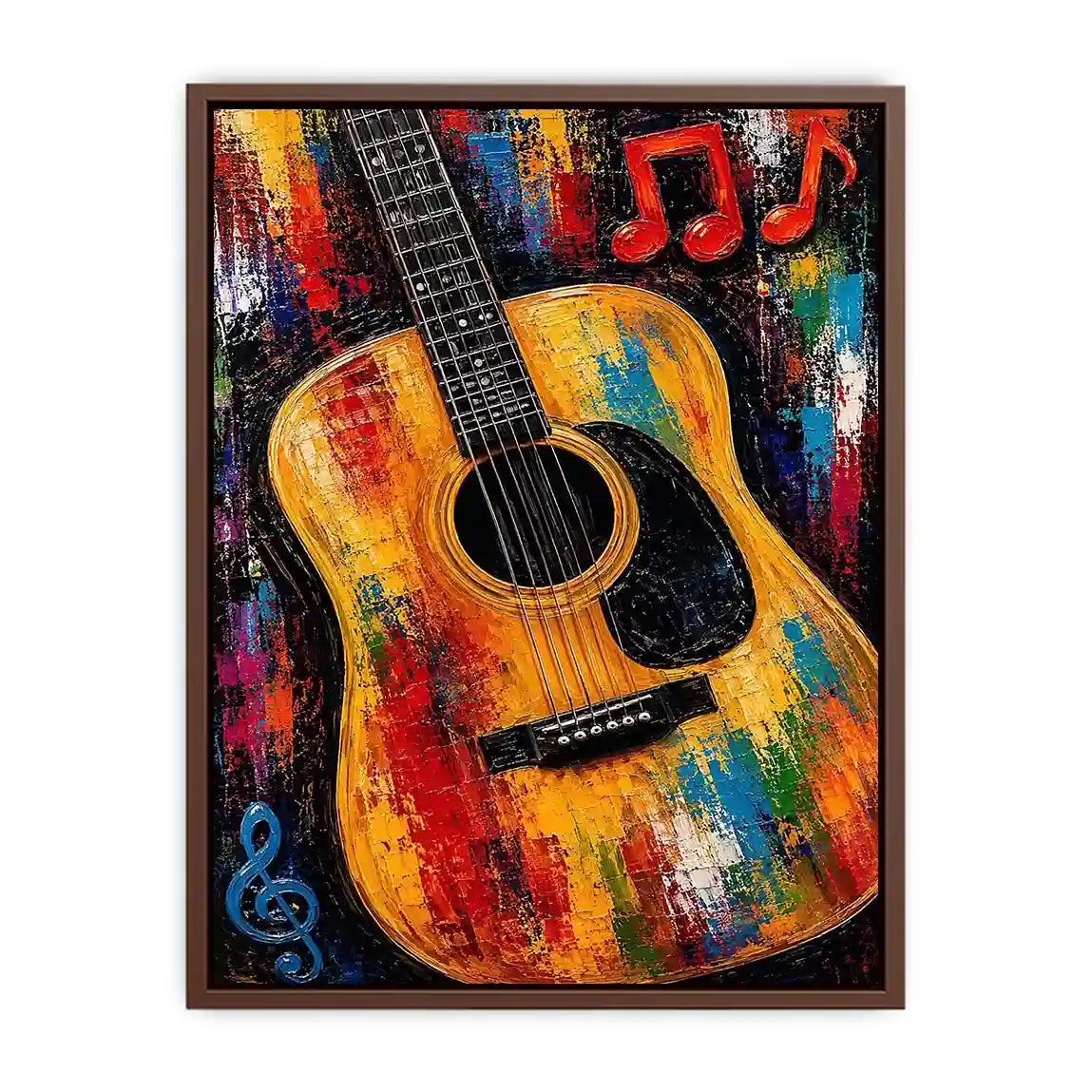 Colorful acoustic guitar canvas art with music notes for bold studio or home bar decor.