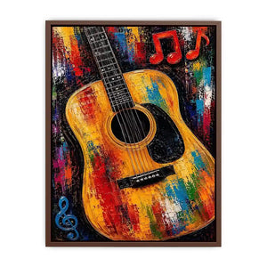 Colorful acoustic guitar canvas art with music notes for bold studio or home bar decor.