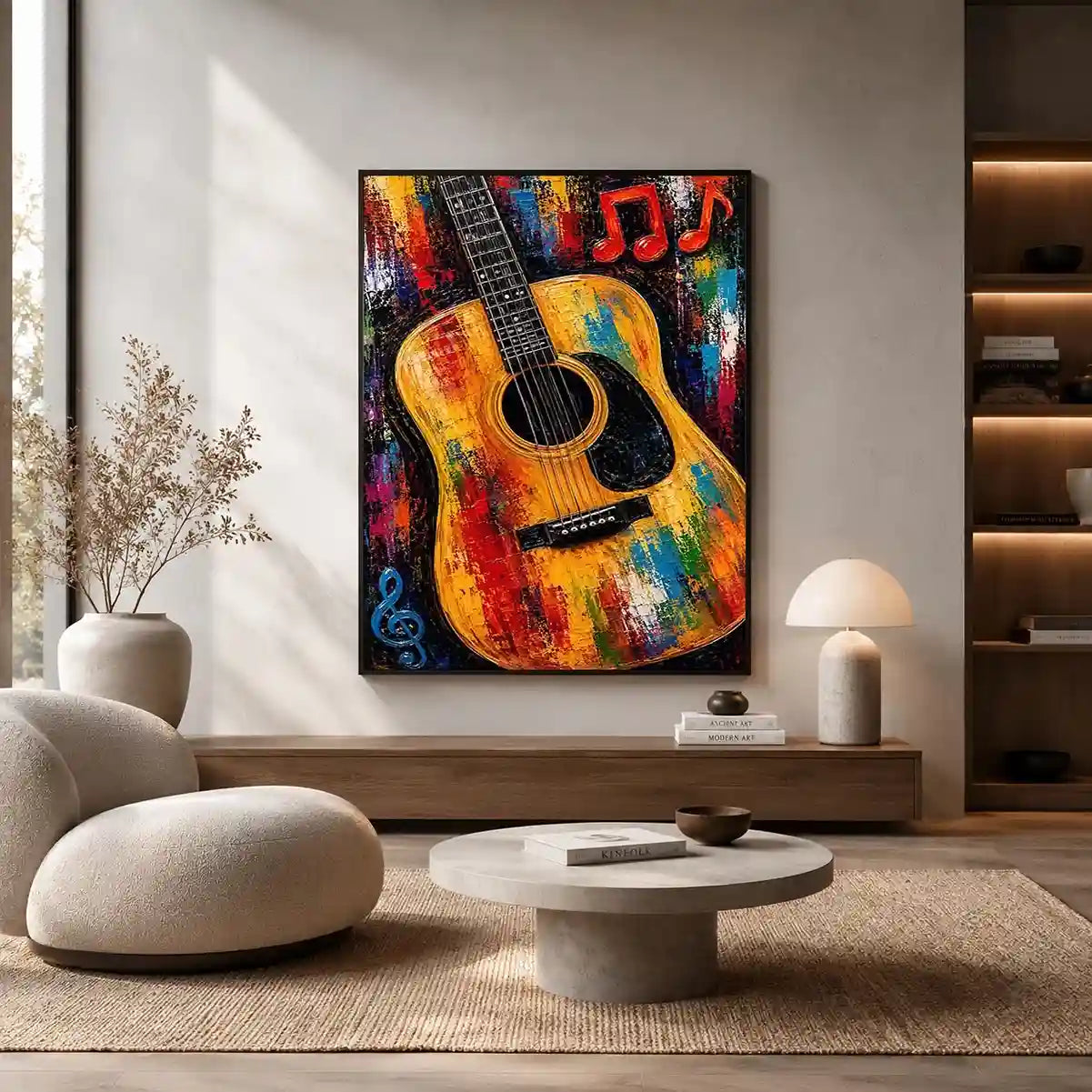 Colorful acoustic guitar canvas art with music notes for bold studio or home bar decor.